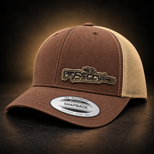 Load image into Gallery viewer, Brown and khaki FSCC leather rifle patch trucker snapback