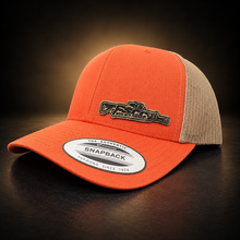 Load image into Gallery viewer, Orange and khaki FSCC leather rifle patch trucker snapback