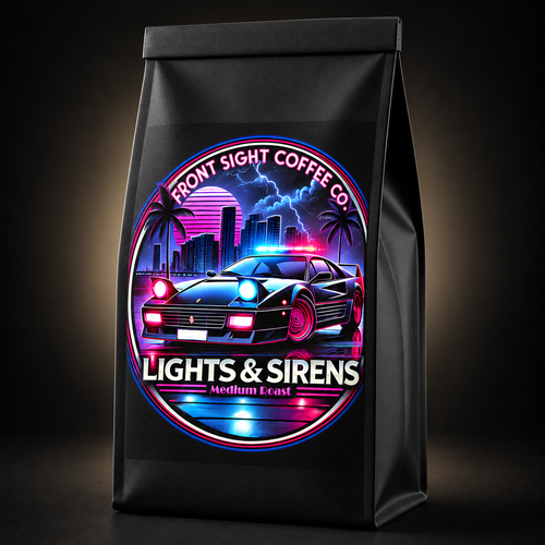 Front Sight Coffee Co. lights sirens label on a black coffee bag
