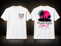 White Miami Vice Front Sight Coffee Co tee, front and back views on a black background with a warm beige glow