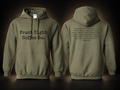 "Be The One" - Hoodie in Military Green, front and back views, black background with warm beige glow