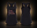 Guns. Coffee. Freedom. - women's tee in Black, front and back views, black background with warm beige glow