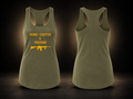 Ammo Can - Women's Racerback Tank in Military Green, front and back views, black background with warm beige glow