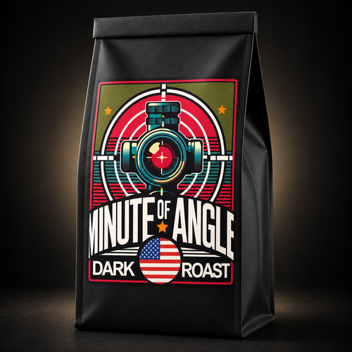 Front Sight Coffee Co. minute of angle dark roast label on a black coffee bag
