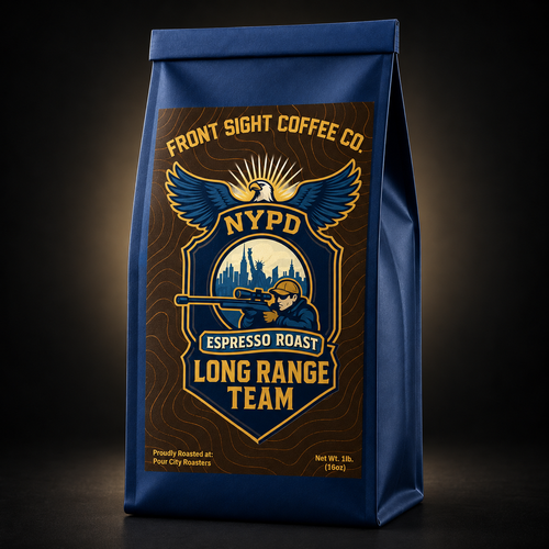 NYPD Long Range Team Espresso Roast label on a blue coffee bag