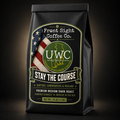 Front Sight Coffee Co. unified wellness center medium dark roast label on a black coffee bag